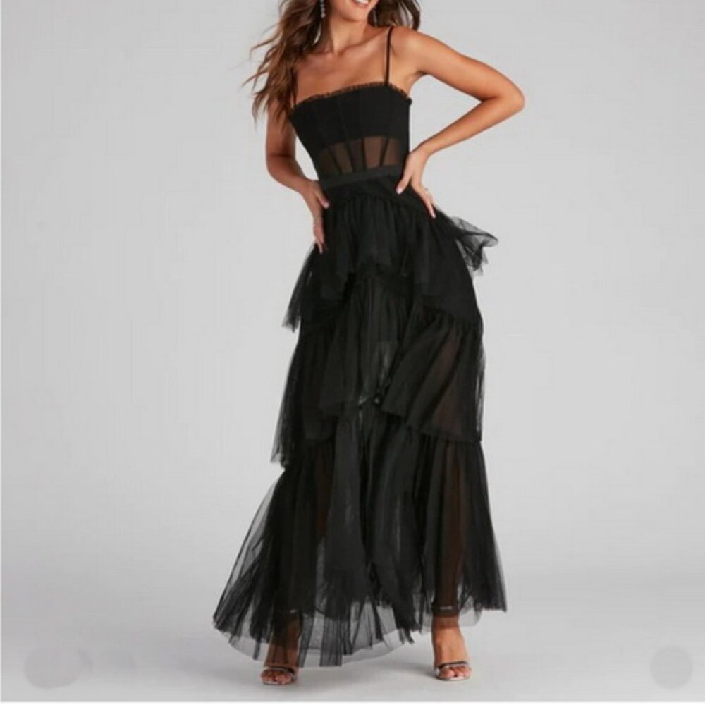 Betsy & Adam Black Tiered Tulle Ruffle Gown